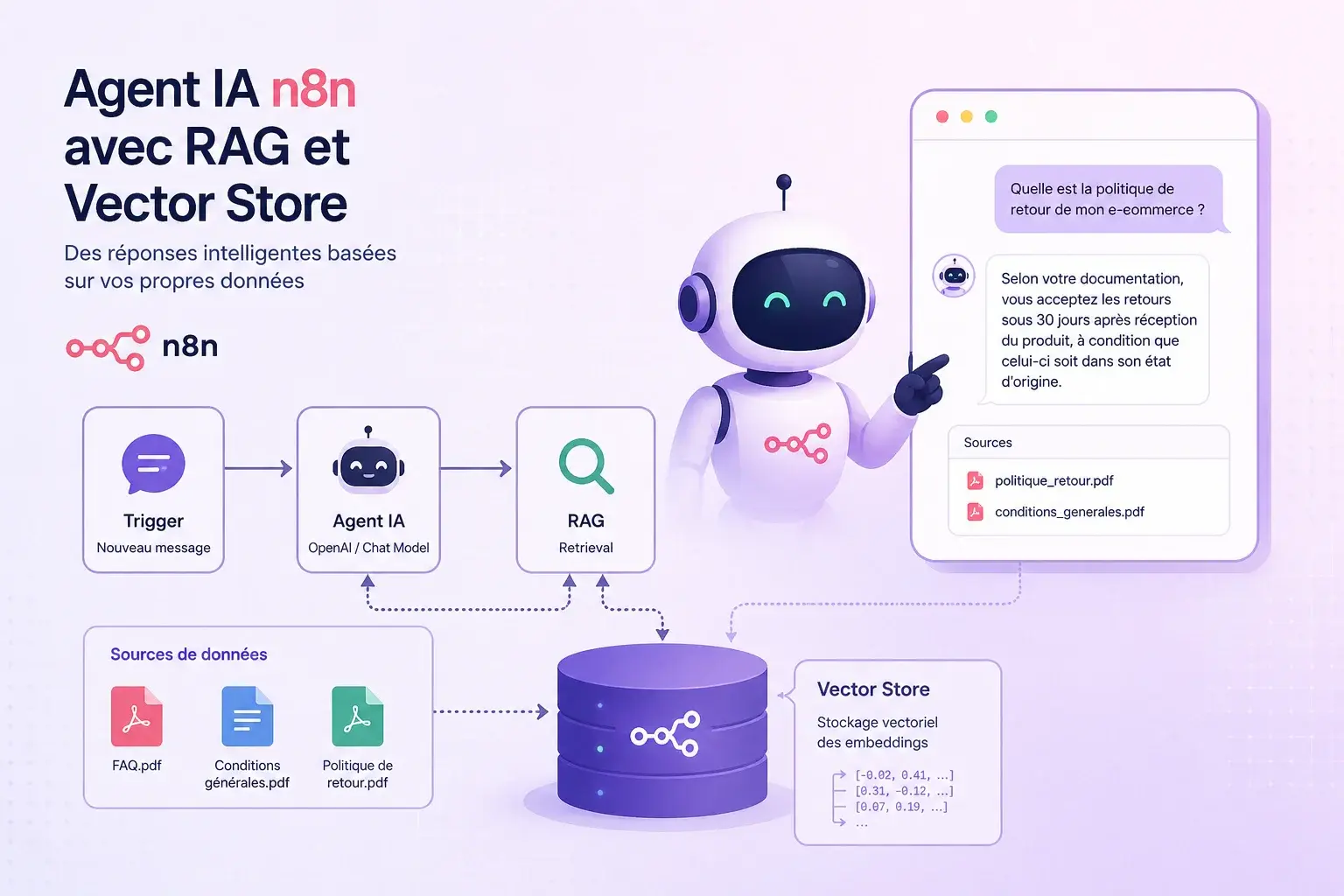 Schéma d'un agent IA n8n avec workflow Trigger → Agent IA → RAG → Vector Store, sources de données PDF, et exemple de chat avec citation des sources