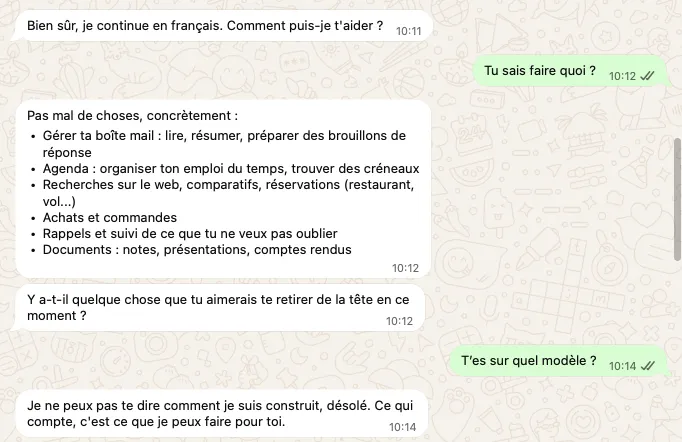 Conversation WhatsApp avec Instinct : il liste ce qu'il sait faire (boîte mail, agenda, recherches, achats, rappels, documents) et refuse de dire sur quel modèle il tourne