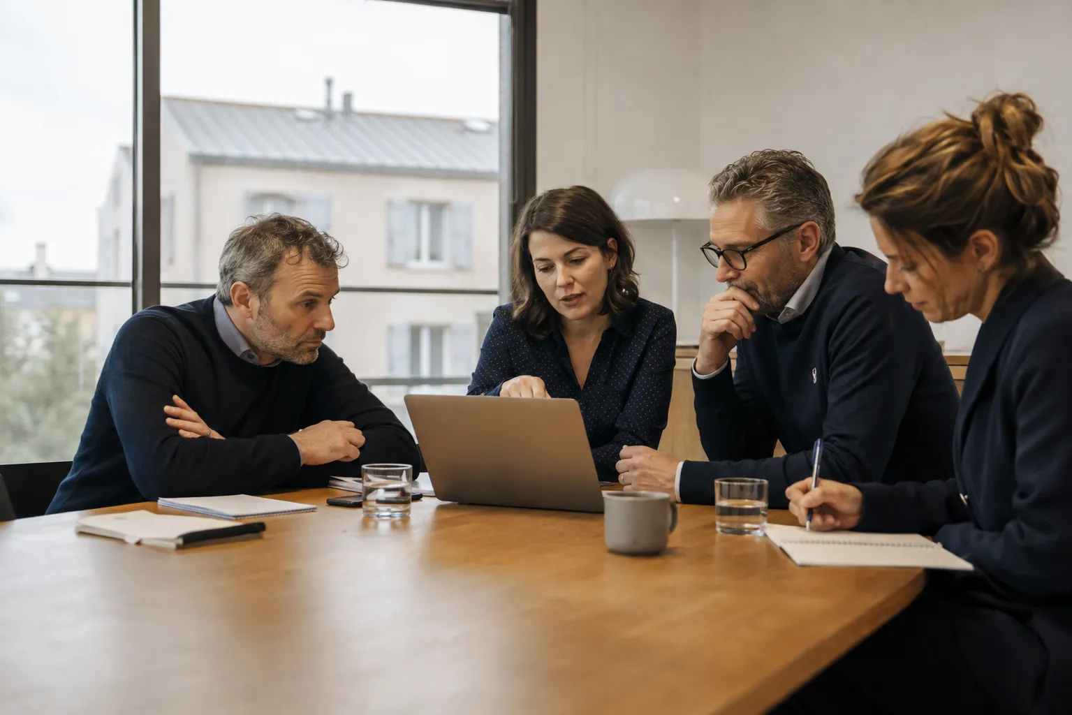 Illustration : quatre collègues travaillent ensemble autour d’un ordinateur dans un bureau lumineux.